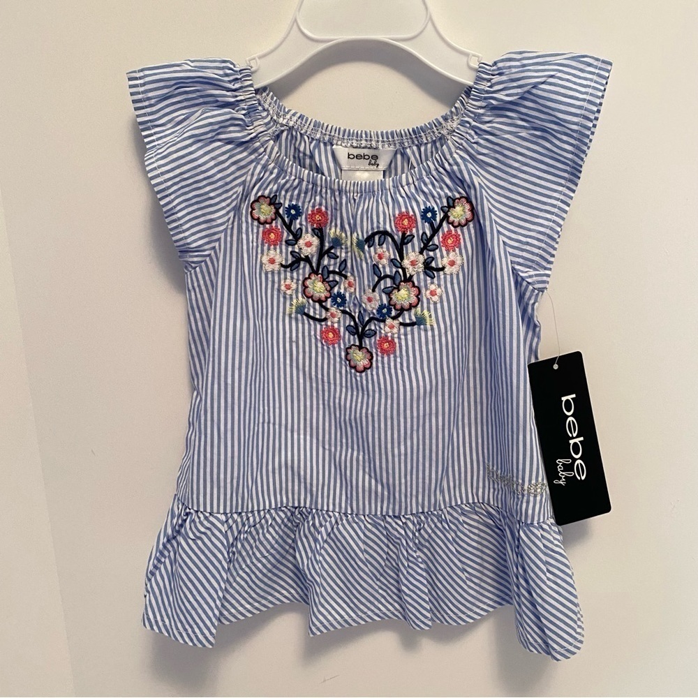 Bebe Baby Girls Stripe/ Floral Embroidered Flutter Sleeve Top Size 12 Months NWT